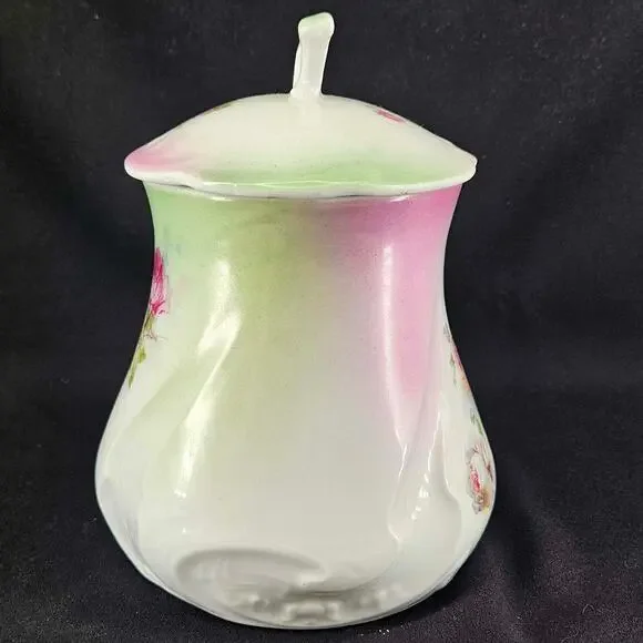 Antique Victorian Floral Hand Painted delicate porcelain Biscuit Jar w Lid